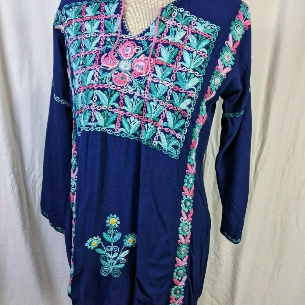 Navy Blue Embroidered Tunic Shift Dress